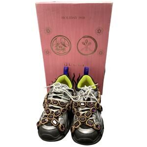 Gucci Shoes Women’s SZ 4 Flash Trek (34) With Removable Strap Of Crystals Silver